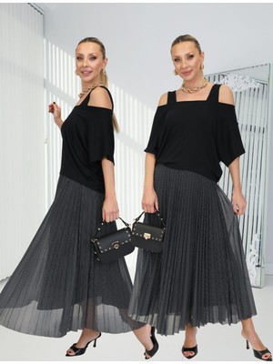 Qimya Butik Buketli Kadın Içi Kolsuz Eteği Puantiyeli Pliseli Üstü Kısa Bluzlü Iki Parçalı Elbise