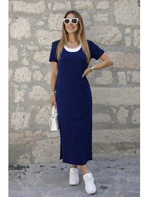 Kadın Kısa Kollu Içi Atlet Görünümlü Yandan Yırtmaçlı Uzun Viskon Elbise