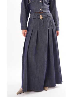 Ceremony Önden Fermuar ve Pile Detaylı Denim Etek 608 Denim
