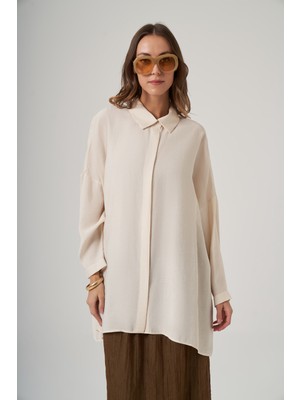 Nuss Oversize Basic Yazlık Gömlek 3001 Krem