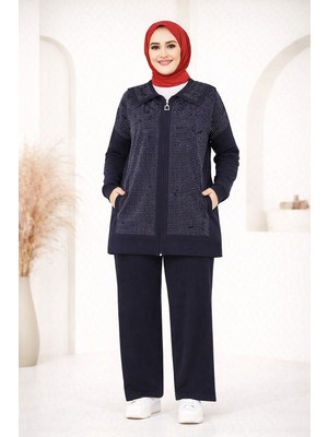 SFG Life Moda Kadın Tesettür Giyim Önü Fermuarlı Full Taşlı Tunik-Pantolon Ikili Takım