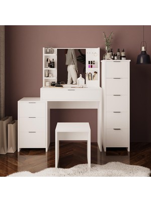 Bimossa U3050 Izabel Çekmeceli Dolaplı Tabureli Makyaj Masası Beyaz 3 Çekmeceli Aynalı Yan Dolaplı Raflı