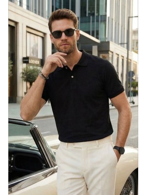 Tudors Erkek Slim Fit Dar Kesim Pamuklu Yumuşak Doku Nefes Alan Kumaş Kıvrılmaz Yaka Siyah Polo Yaka Tişört