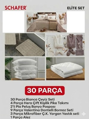Schafer Home Anna 30 Parça Çeyiz Seti Bornoz Pike Takımı Yorgan Yastık Paspas ve Alez Seti Ekru