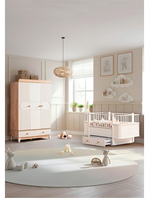 Setay Klas Meşe Çocuk Odası Takımı, Klas Meşe 3 Kapaklı Dolap, Krem Dünya Büyüyen Çekmeceli Beşik