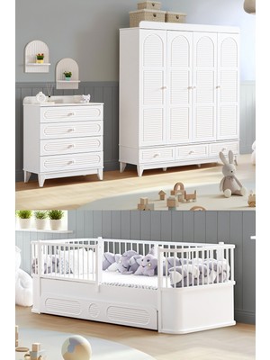 Setay Tetri Çocuk Odası, Tetri 4 Kapaklı Dolap, Şifonyer, Antalya Yavrulu Karyola - Beyaz