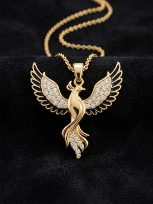 Erdobia 925 Ayar Gümüş Zümrüdüanka Kuşu Kolye - Altın Kaplama Siyah Mineli Kadın Kolye