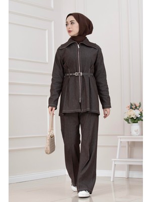 Sevitli Fermuar Detaylı Ikili Kot Takım-Kahverengi