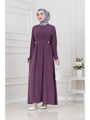 Sevitli Beli Toka Detaylı Tesettür Elbise-Mürdüm