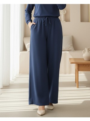 Modamorfo Beli Lastikli Bağcıklı Bol Paça Modal Kumaş Salaş Pantolon  -Indigo