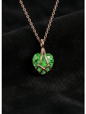 Erdobia 925 Ayar Gümüş Rose Renk Zümrüt Taşlı Kafes Kalp Arkadaşlık Kolyesi