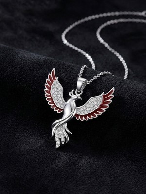 Erdobia 925 Ayar Gümüş Zümrüdüanka Kuşu Kolye - Rodyum Kaplama Kırmızı Mineli Kadın Kolye