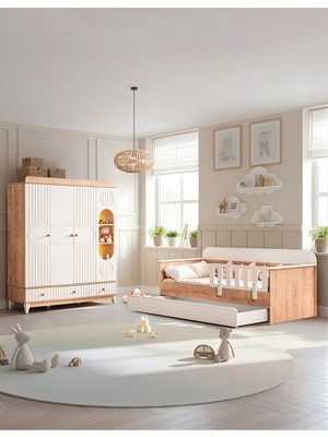 Setay Klas Meşe Çocuk Odası, Klas Meşe 4 Kapaklı Dolap, Vizyon Meşe Yavrulu Karyola