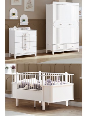 Setay Klas Çocuk Odası Takımı, Klas 3 Kapaklı Dolap, Dünya Büyüyen Beşik, Şifonyer - Beyaz