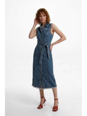 Markapia Kadıın Kuşaklı Boydan Düğmeli Kolsuz Mavi Jean Elbise