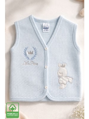 Miniel Erkek Bebek Simli Prens Ayıcık Nakışlı Organik Pamuklu 3-6-9 Ay Kapitone Bebek Yelek