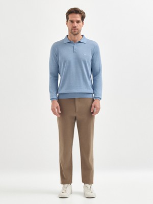 Karaca Mavi Yün Karışımlı Polo Yaka Triko Kazak