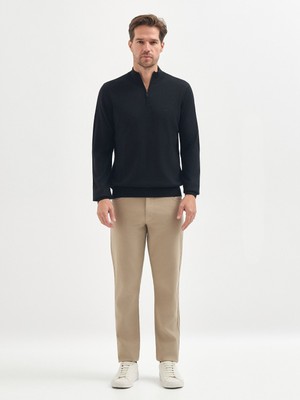 Karaca Siyah Yün Karışımlı Yarım Balıkçı Fermuarlı Triko Kazak