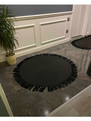Halımax Milda 41 Siyah Püsküllü Jüt Hasırlı El Örgüsü Çift Taraflı Kilim Yuvarlak Jüt Halı