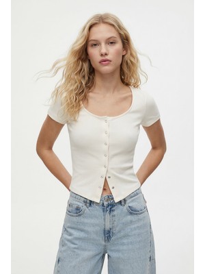 Ritnice Kadın Angela Lux Touch Çıtçıtlı Kısa Kollu Ekru Örme Bluz