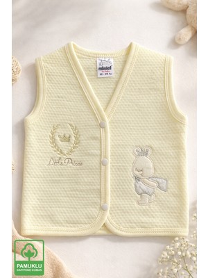 Miniel Erkek Bebek Simli Prens Ayıcık Nakışlı Organik Pamuklu 3-6-9 Ay Kapitone Bebek Yelek