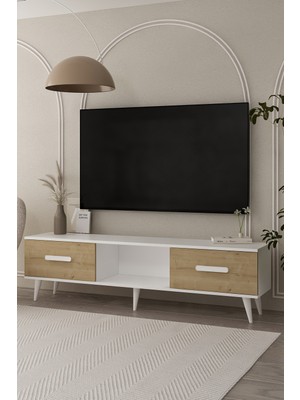 Cantek Dizayn TV1386-1386-TV150-128 Tv Sehpası Beyaz-Safirmeşe-Safirmeşe Kulp