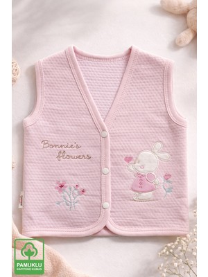 Miniel Kız Bebek Kanaviçe Tavşan Nakışlı Organik Pamuklu 3-6-9 Ay Kapitone Bebek Yelek