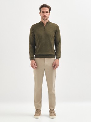 Karaca Haki Yün Karışımlı Yarım Balıkçı Fermuarlı Triko Kazak