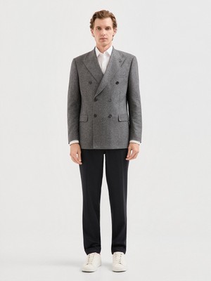 Karaca Gri Desenli Kaşmir Yün Karışımlı Kruvaze Ceket