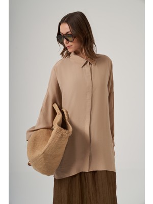 Nuss Oversize Basic Yazlık Gömlek 3001 Latte