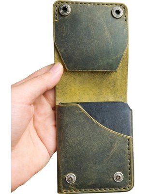 Huggy Craft Hakiki Crazy Yeşil Deri Katlanır Kartlık – Minimalist Dikey El Yapımı Deri Cüzdan