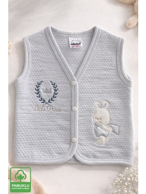 Miniel Erkek Bebek Simli Prens Ayıcık Nakışlı Organik Pamuklu 3-6-9 Ay Kapitone Bebek Yelek