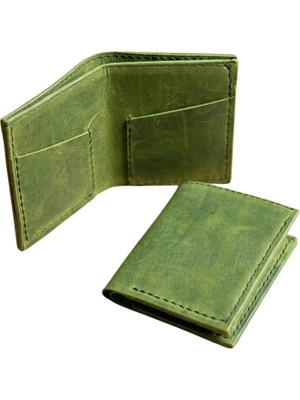 Huggy Craft Hakiki Deri Vintage Haki Yeşil Kartlık Cüzdan – El Yapımı Minimalist Kartlık
