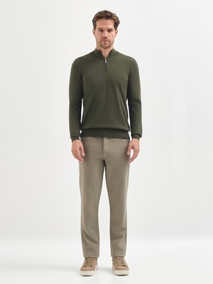 Karaca Haki %100 Pamuk Yarım Balıkçı Fermuarlı Triko Kazak