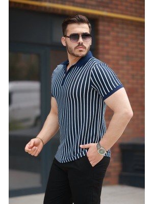 Janes Erkek Çizgili Fermuar Yakalı Kısa Kollu Tişört