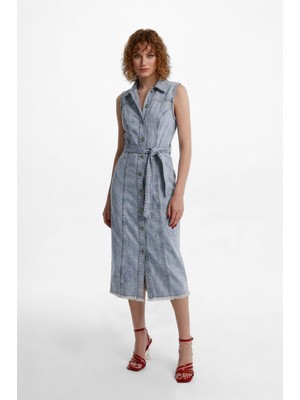 Markapia Kadıın Kuşaklı Boydan Düğmeli Kolsuz Buz Mavisi Jean Elbise