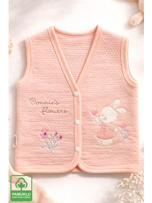Miniel Kız Bebek Kanaviçe Tavşan Nakışlı Organik Pamuklu 3-6-9 Ay Kapitone Bebek Yelek