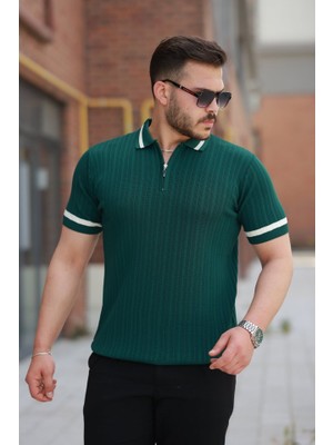 Janes Erkek Yaka ve Kolları Çizgi Detaylı Fermuarlı Kısa Kollu T-Shirt