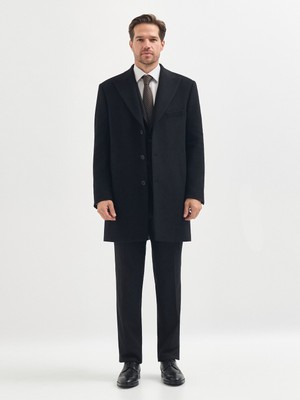 Karaca Siyah Kaşmir Yün Karışımlı Kaban