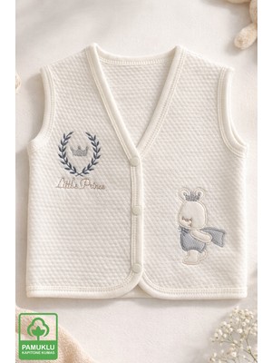 Miniel Erkek Bebek Simli Prens Ayıcık Nakışlı Organik Pamuklu 3-6-9 Ay Kapitone Bebek Yelek