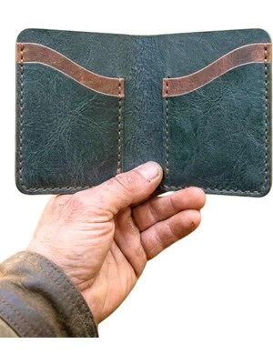 Huggy Craft Hakiki Deri Mini Petrol Yeşili Cüzdan – Minimalist Katlanır Tasarım El Yapımı Kartlık
