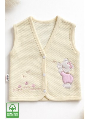 Miniel Kız Bebek Sevimli Ayıcık Nakışlı Organik Pamuklu 3-6-9 Ay Kapitone Bebek Yelek