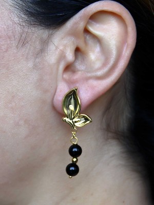 Esha Store Kelebek Model Altın Kaplama Oniks Doğal Taşlı Küpe Kadın Sallantılı Küpe EUKU35O