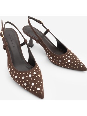 Marjin Kadın Stiletto Sivri Burun Zımbalı Troklu Arkası Açık Topuklu Ayakkabı Rofen Kahve Süet