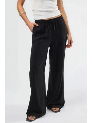 Hiccup Kadın Viskon-Keten Karışımlı Geniş Paça Pantolon Siyah