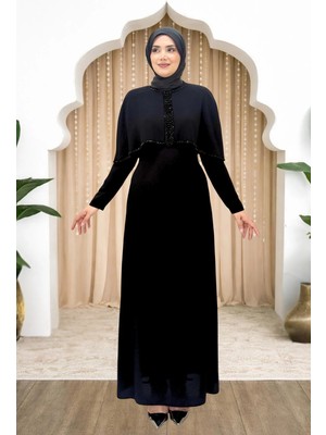 Amine Hüma Boncuk Detaylı Omuzu Pelerinli Sunay Abiye Siyah