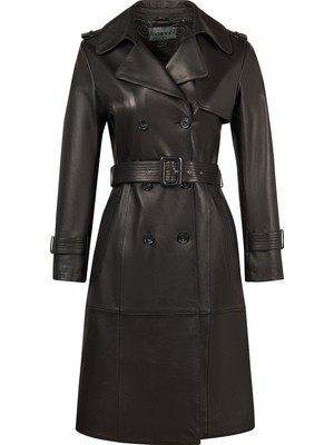 Derimod Evita Kadın Siyah Kemer Detaylı Deri Trençkot 26SGD5652U4