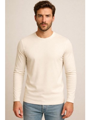 Axxel Erkek Açık Krem Pamuklu Likralı Süprem Uzun Kollu T-SHIRT-D240