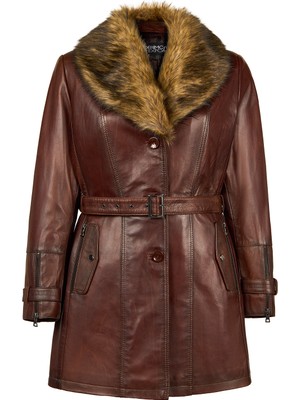 Derimod Rhoda(Plus) Kadın Kahverengi Geniş Kalıp Yaka Kürklü Deri Kaban 25WGE5293NC