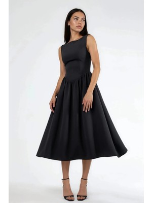 Hiccup Kadın Kayık Yaka Volanlı Premium Midi Elbise  Siyah